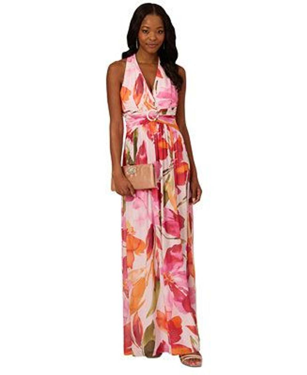 Adrianna Papell Floral Chiffon Ring Gown Size 14 Pink Orange Maxi Dress